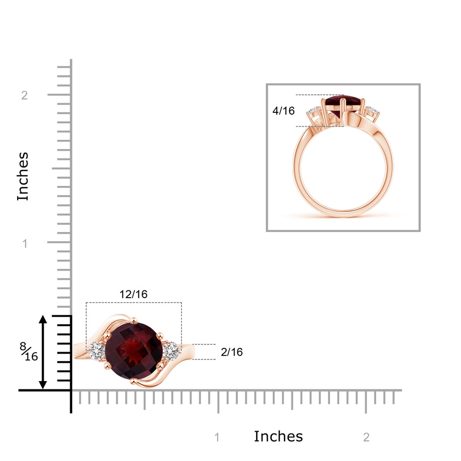 10mm AA Round Garnet and Diamond Three Stone Bypass Ring in Rose Gold ruler