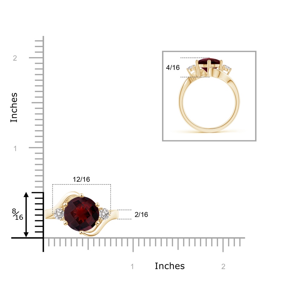 10mm AA Round Garnet and Diamond Three Stone Bypass Ring in Yellow Gold ruler