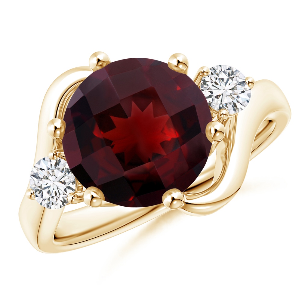 10mm AAA Round Garnet and Diamond Three Stone Bypass Ring in Yellow Gold