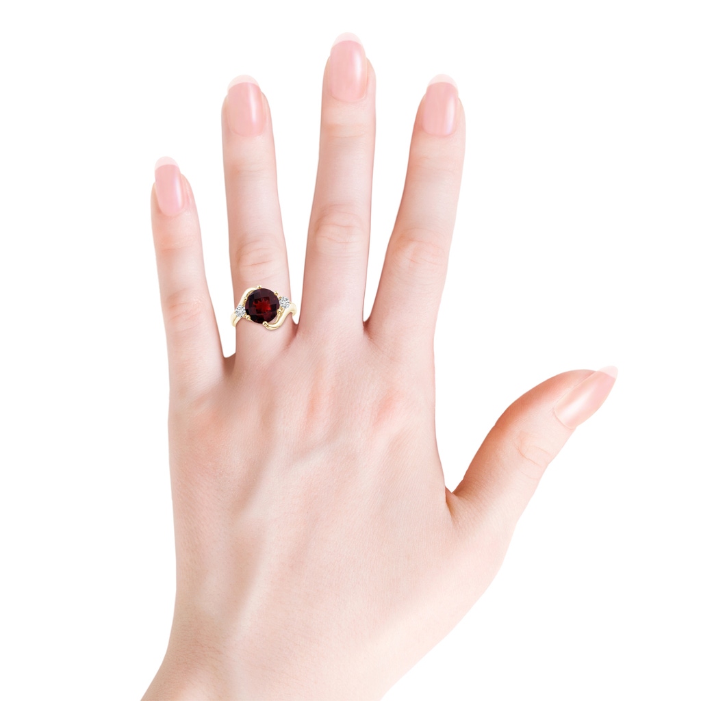 10mm AAA Round Garnet and Diamond Three Stone Bypass Ring in Yellow Gold - body_hand