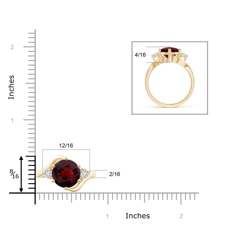 10mm AAA Round Garnet and Diamond Three Stone Bypass Ring in Yellow Gold ruler