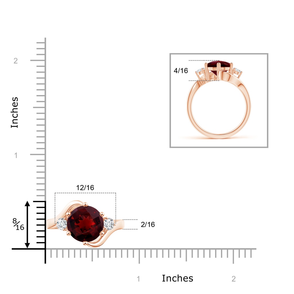 10mm AAAA Round Garnet and Diamond Three Stone Bypass Ring in Rose Gold Ruler