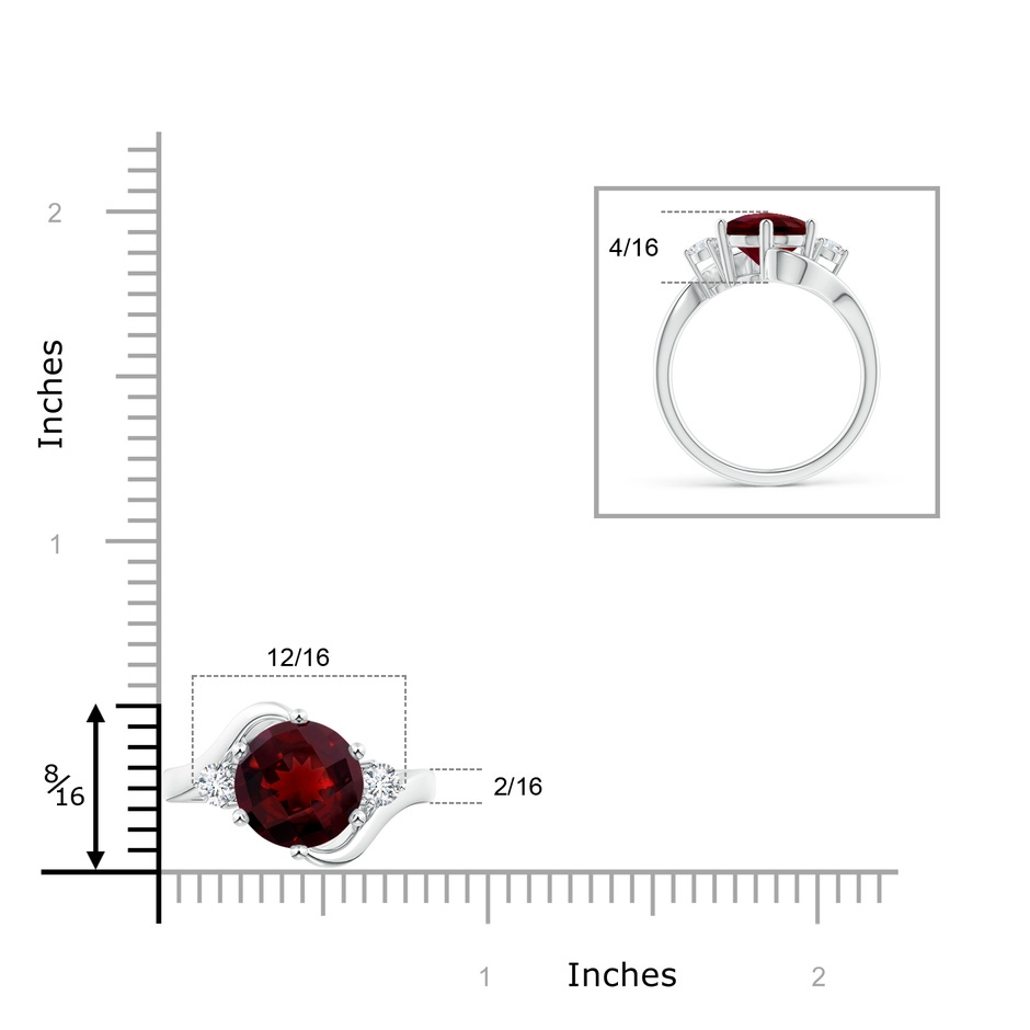 10mm AAAA Round Garnet and Diamond Three Stone Bypass Ring in White Gold Ruler
