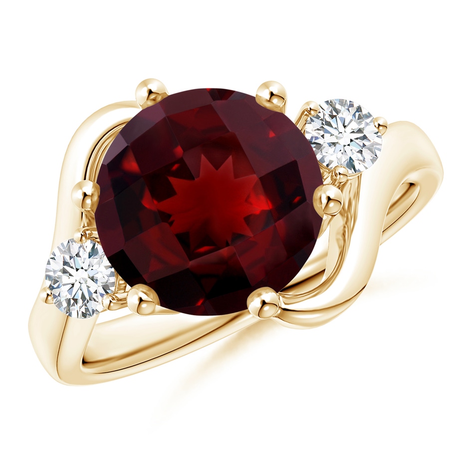 10mm AAAA Round Garnet and Diamond Three Stone Bypass Ring in Yellow Gold 