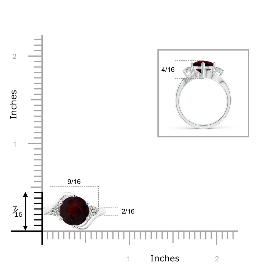 8mm A Round Garnet and Diamond Three Stone Bypass Ring in White Gold ruler