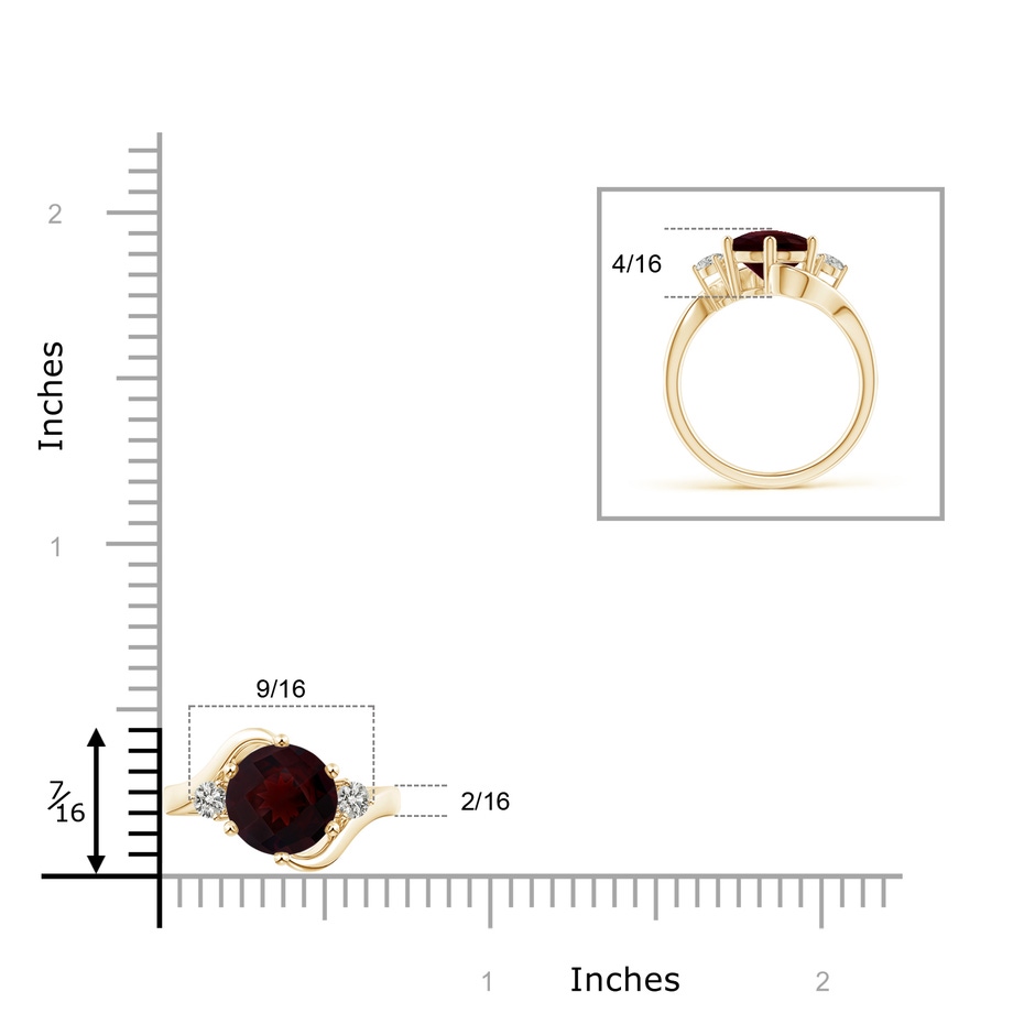 8mm A Round Garnet and Diamond Three Stone Bypass Ring in Yellow Gold ruler