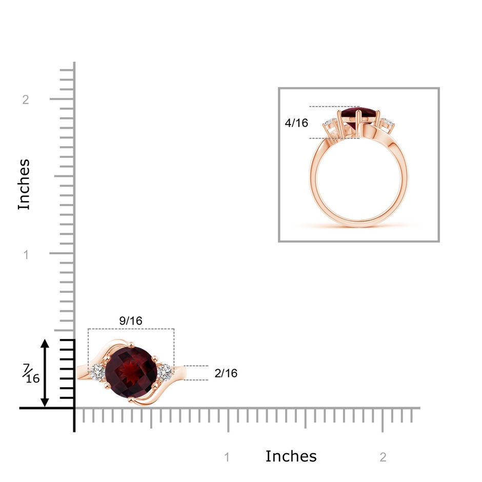 8mm AA Round Garnet and Diamond Three Stone Bypass Ring in Rose Gold ruler