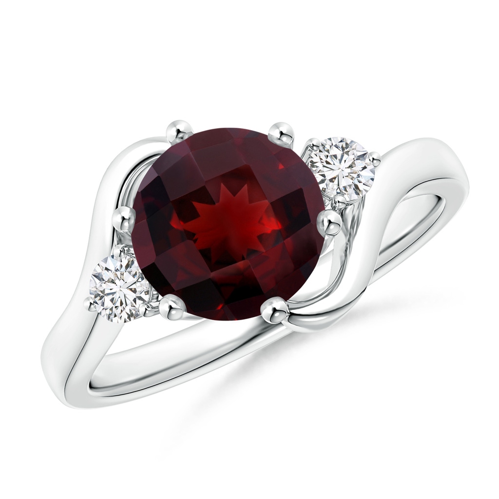 8mm AAA Round Garnet and Diamond Three Stone Bypass Ring in White Gold