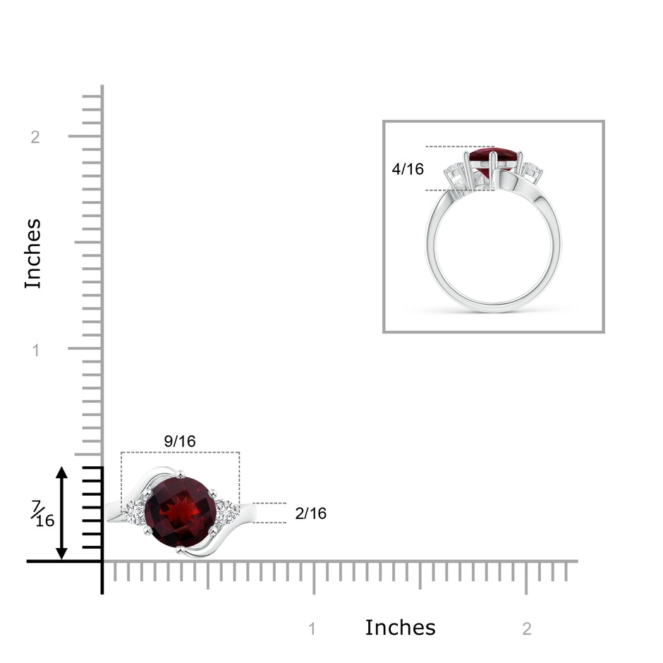 8mm AAA Round Garnet and Diamond Three Stone Bypass Ring in White Gold ruler