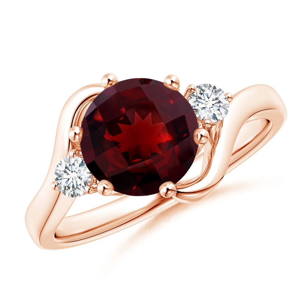 8mm AAAA Round Garnet and Diamond Three Stone Bypass Ring in Rose Gold