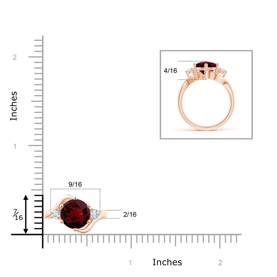 8mm AAAA Round Garnet and Diamond Three Stone Bypass Ring in Rose Gold ruler