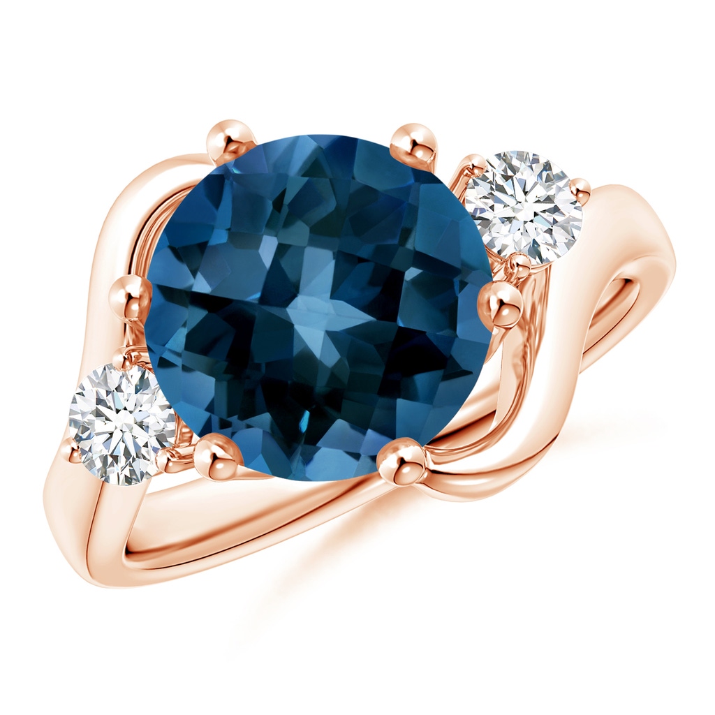 10mm AAAA Round London Blue Topaz and Diamond Three Stone Bypass Ring in Rose Gold