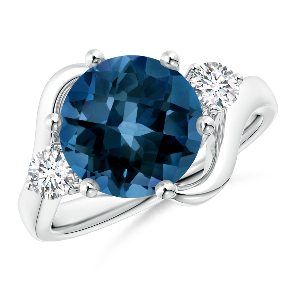 10mm AAAA Round London Blue Topaz and Diamond Three Stone Bypass Ring in White Gold
