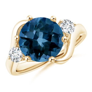 10mm AAAA Round London Blue Topaz and Diamond Three Stone Bypass Ring in Yellow Gold