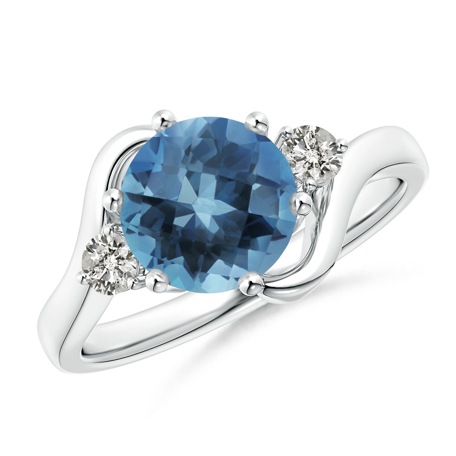 8mm A Round London Blue Topaz and Diamond Three Stone Bypass Ring in White Gold 