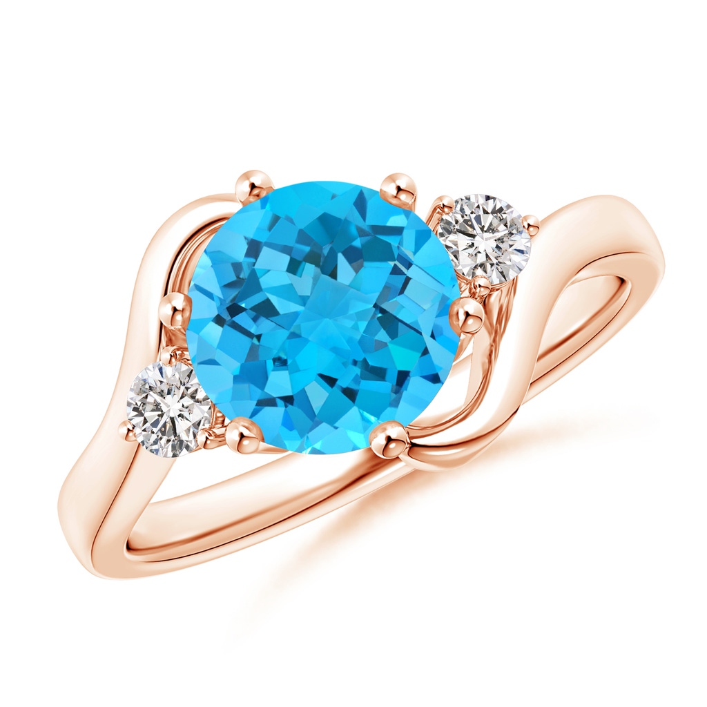 8mm AA Round Swiss Blue Topaz and Diamond Three Stone Bypass Ring in Rose Gold