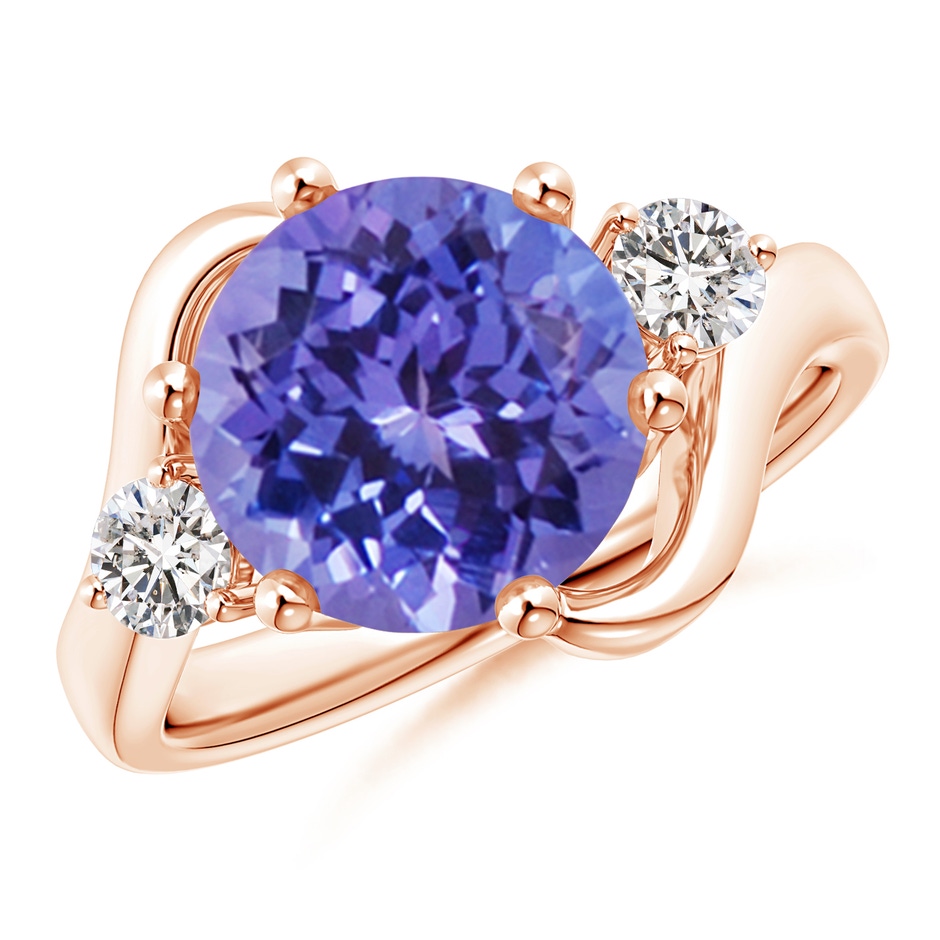 10mm AA Round Tanzanite and Diamond Three Stone Bypass Ring in Rose Gold 