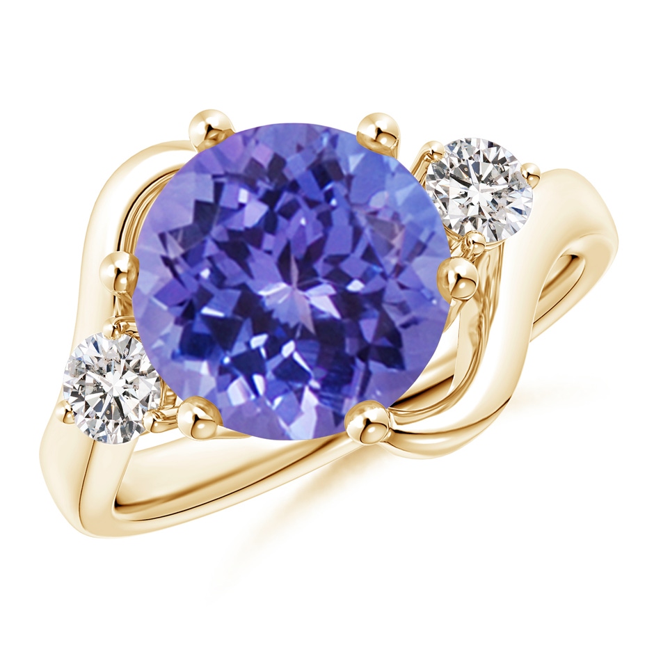 10mm AA Round Tanzanite and Diamond Three Stone Bypass Ring in Yellow Gold 
