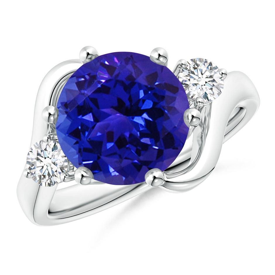 10mm AAAA Round Tanzanite and Diamond Three Stone Bypass Ring in White Gold 