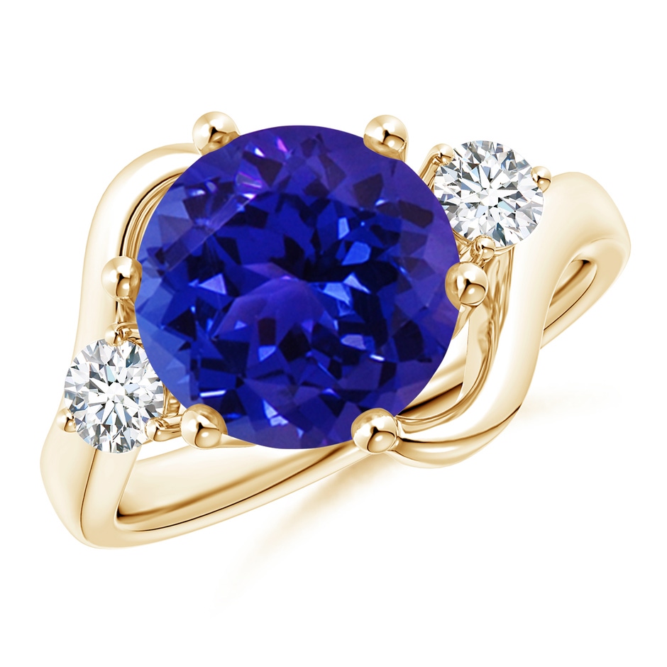 10mm AAAA Round Tanzanite and Diamond Three Stone Bypass Ring in Yellow Gold 