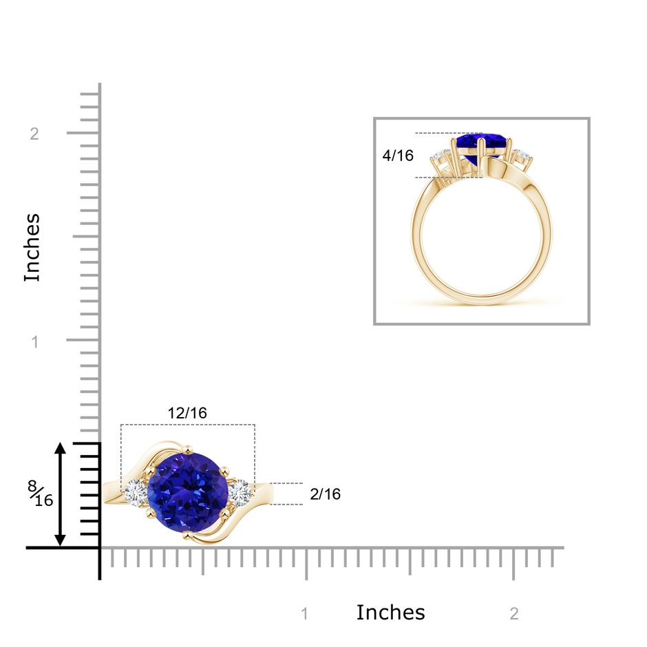 10mm AAAA Round Tanzanite and Diamond Three Stone Bypass Ring in Yellow Gold product image