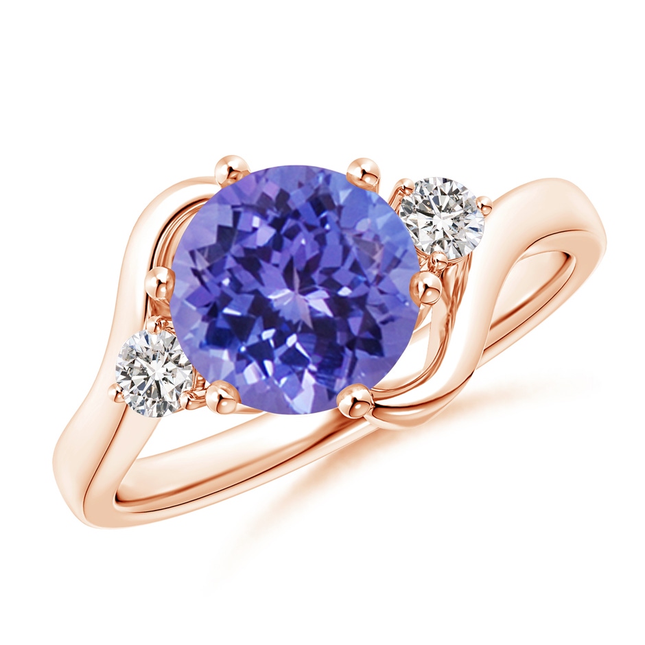 8mm AA Round Tanzanite and Diamond Three Stone Bypass Ring in Rose Gold 