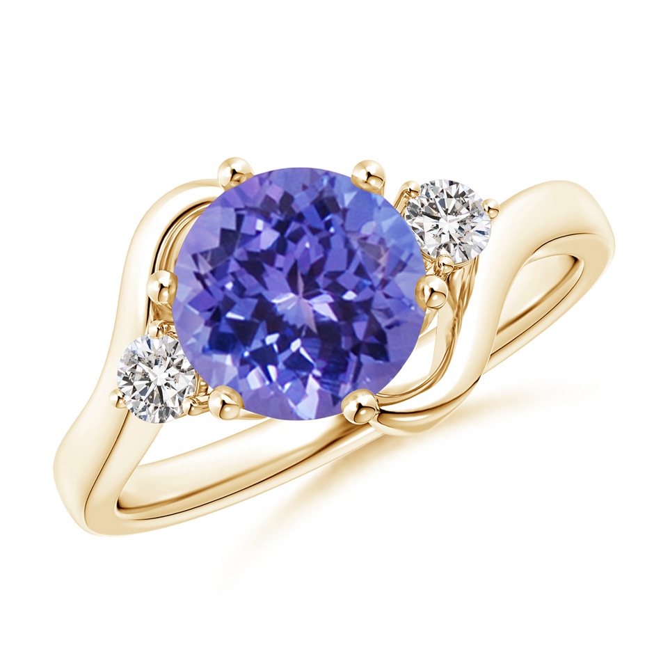 8mm AA Round Tanzanite and Diamond Three Stone Bypass Ring in Yellow Gold 