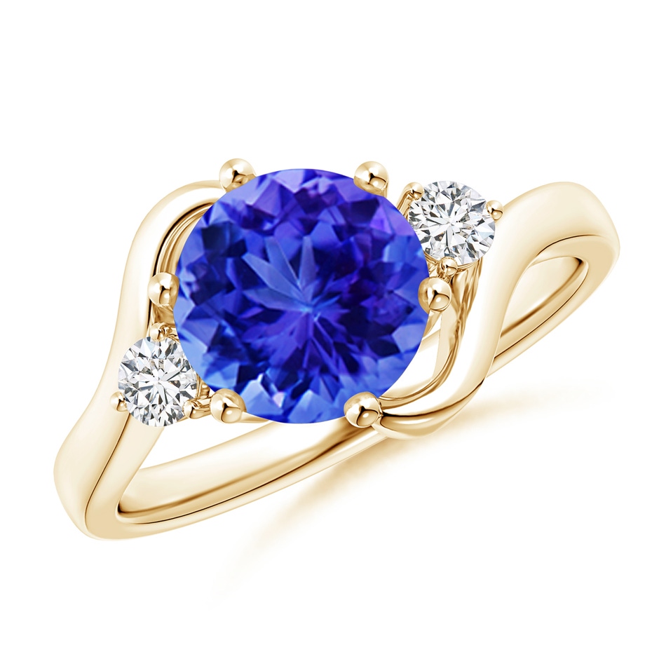 8mm AAA Round Tanzanite and Diamond Three Stone Bypass Ring in Yellow Gold 