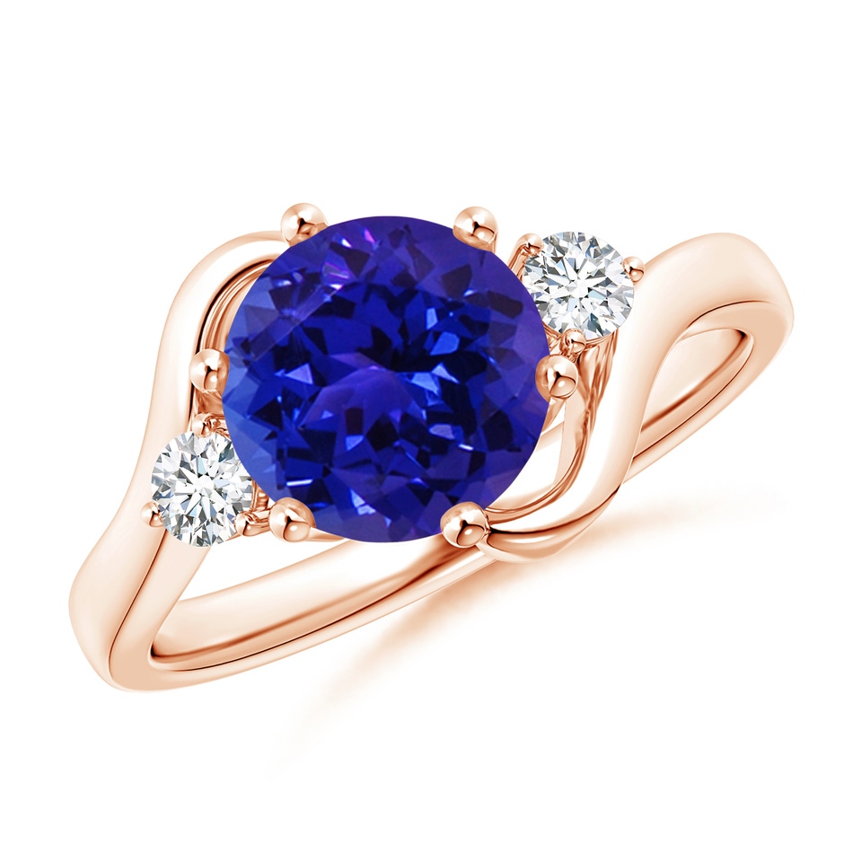 8mm AAAA Round Tanzanite and Diamond Three Stone Bypass Ring in Rose Gold 