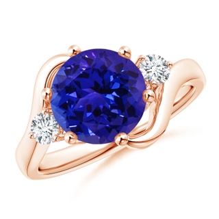 9mm AAAA Round Tanzanite and Diamond Three Stone Bypass Ring in Rose Gold