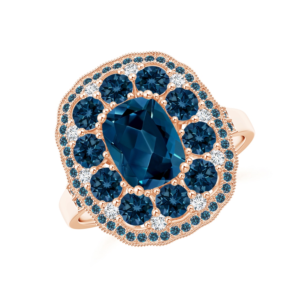 8x6mm AAAA Cushion London Blue Topaz Cocktail Ring with Milgrain in Rose Gold 