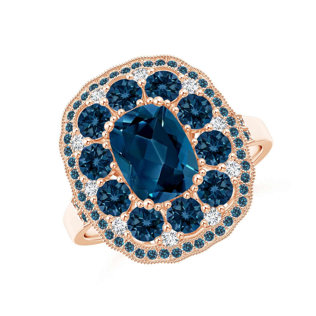 8x6mm AAAA Cushion London Blue Topaz Cocktail Ring with Milgrain in Rose Gold