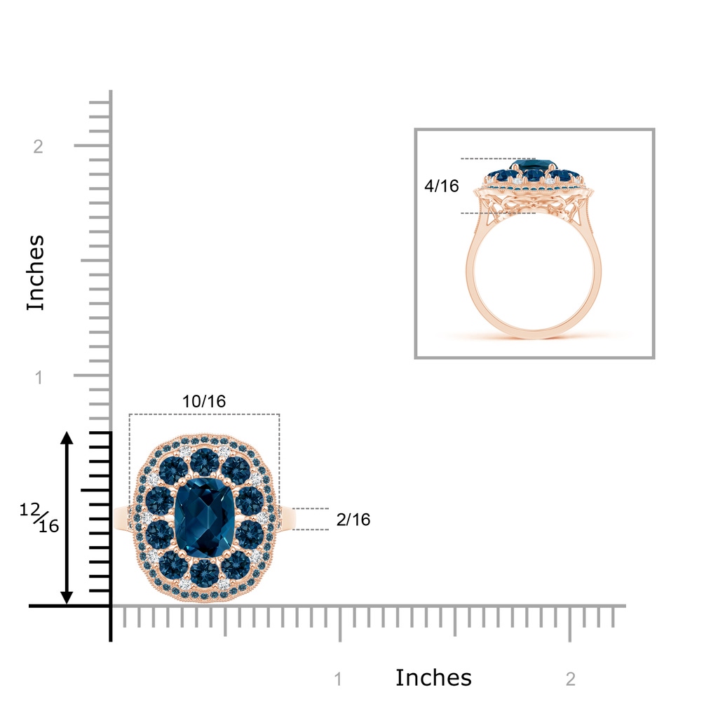 8x6mm AAAA Cushion London Blue Topaz Cocktail Ring with Milgrain in Rose Gold Product Image