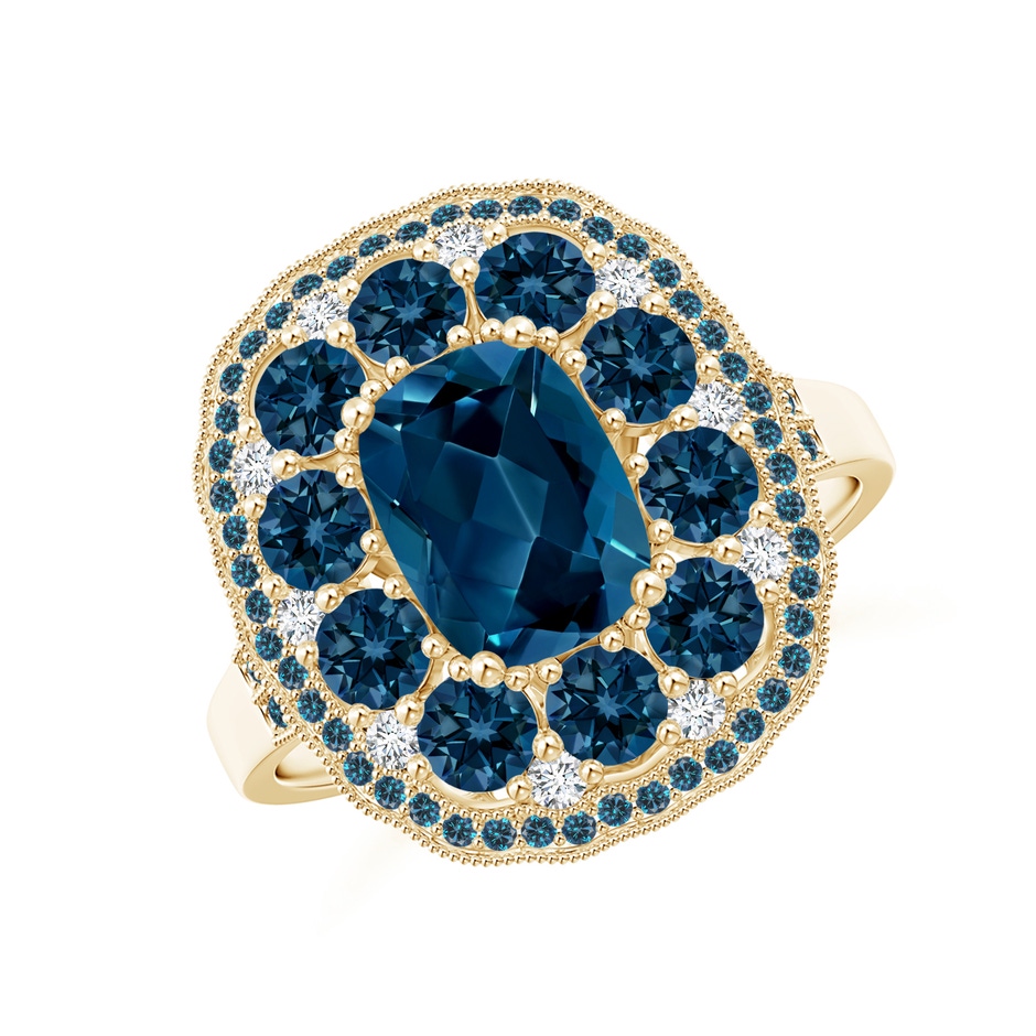8x6mm AAAA Cushion London Blue Topaz Cocktail Ring with Milgrain in Yellow Gold 