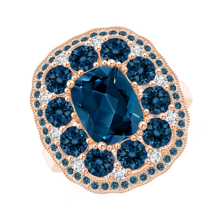 9x7mm AAAA Cushion London Blue Topaz Cocktail Ring with Milgrain in Rose Gold 