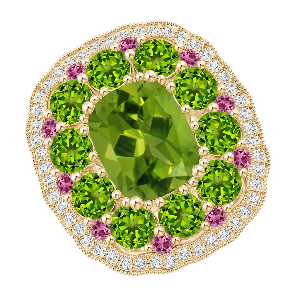 10x8mm AAAA Cushion Peridot Cocktail Ring with Milgrain Detailing in Yellow Gold