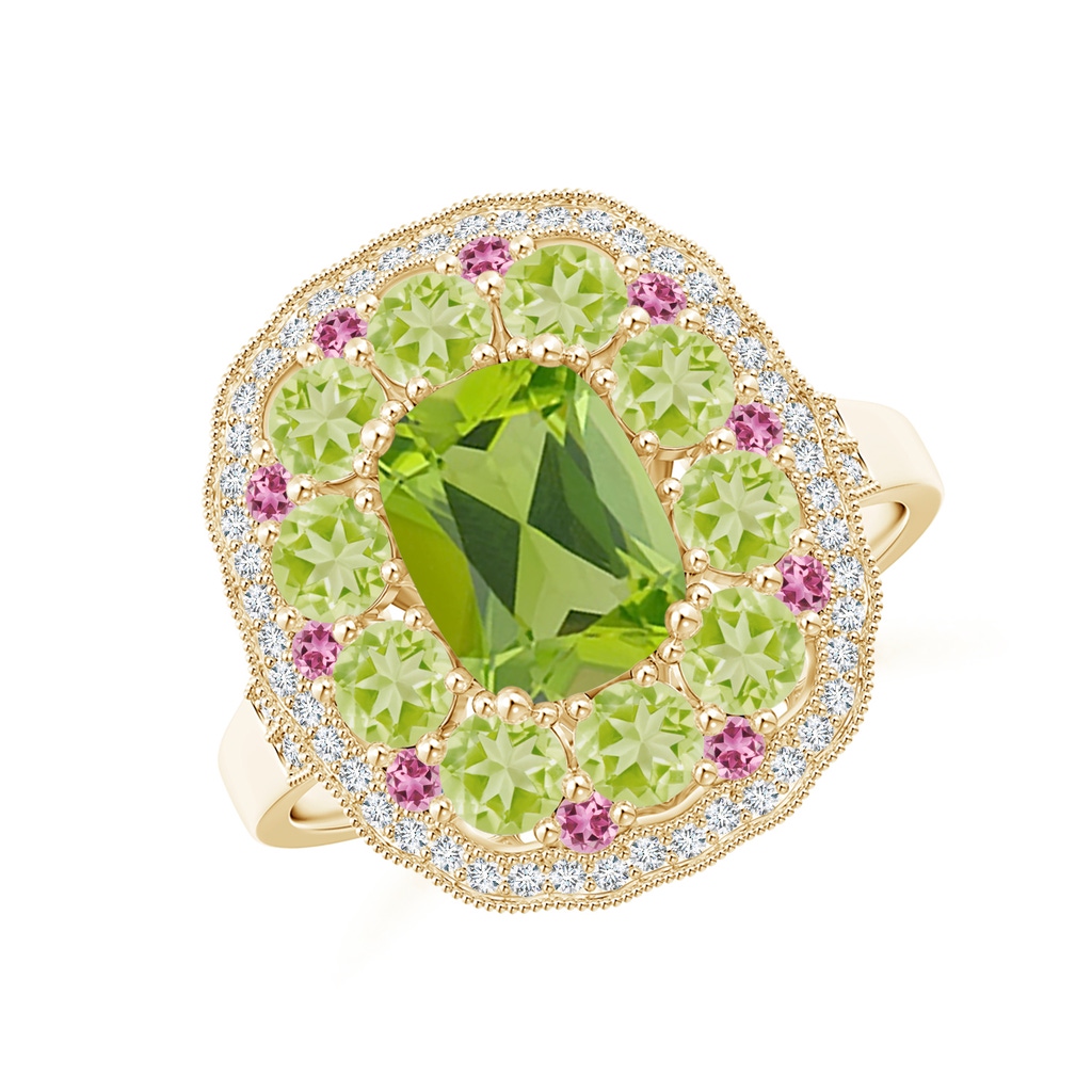 8x6mm AAA Cushion Peridot Cocktail Ring with Milgrain Detailing in Yellow Gold