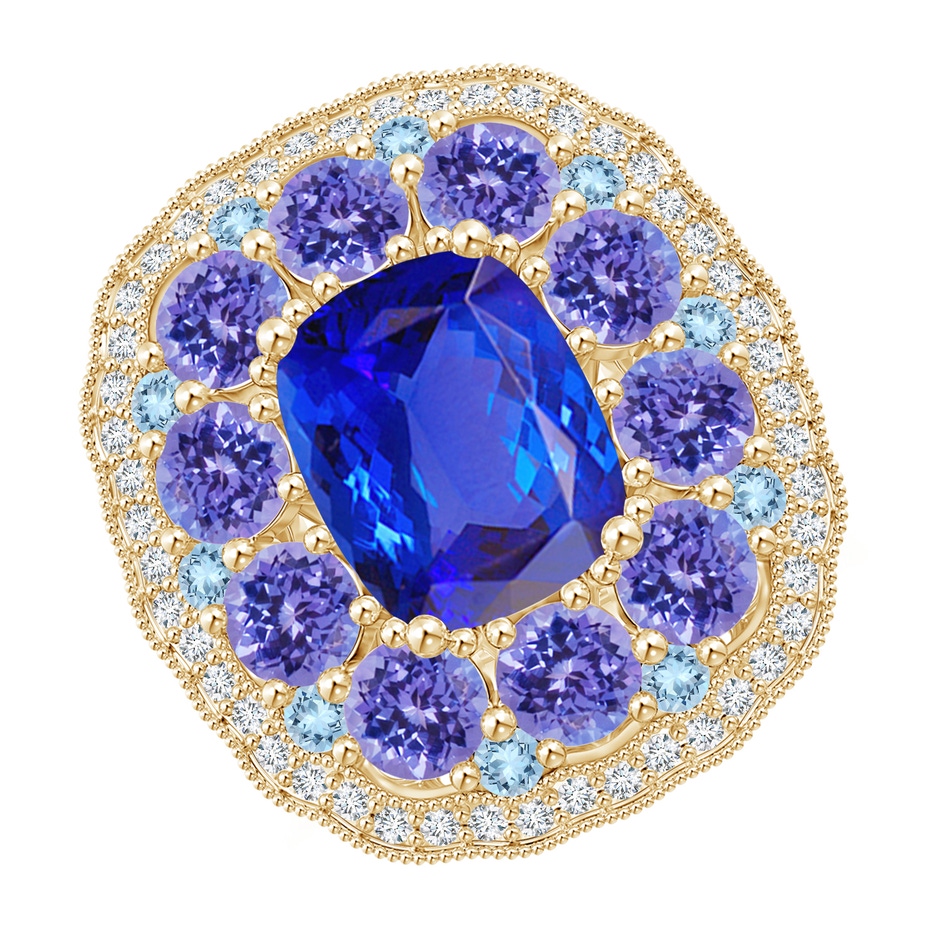 10x8mm AAA Cushion Tanzanite Cocktail Ring with Milgrain Detailing in Yellow Gold 