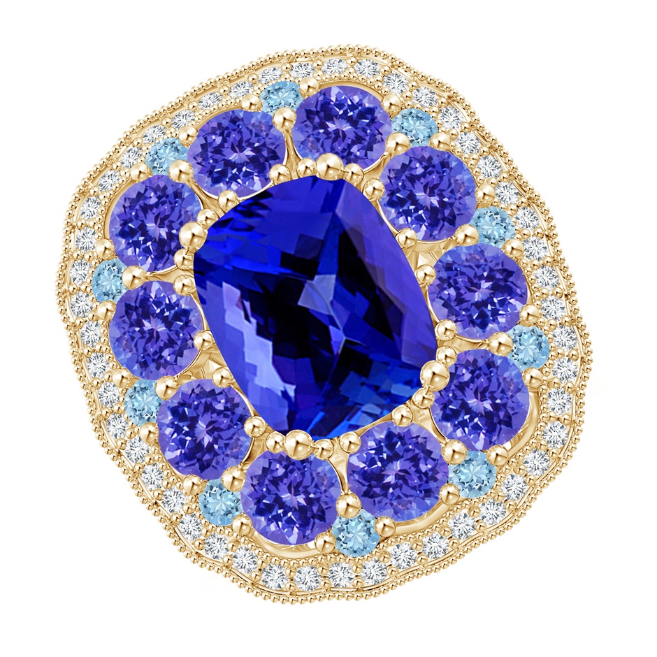 10x8mm AAAA Cushion Tanzanite Cocktail Ring with Milgrain Detailing in Yellow Gold 