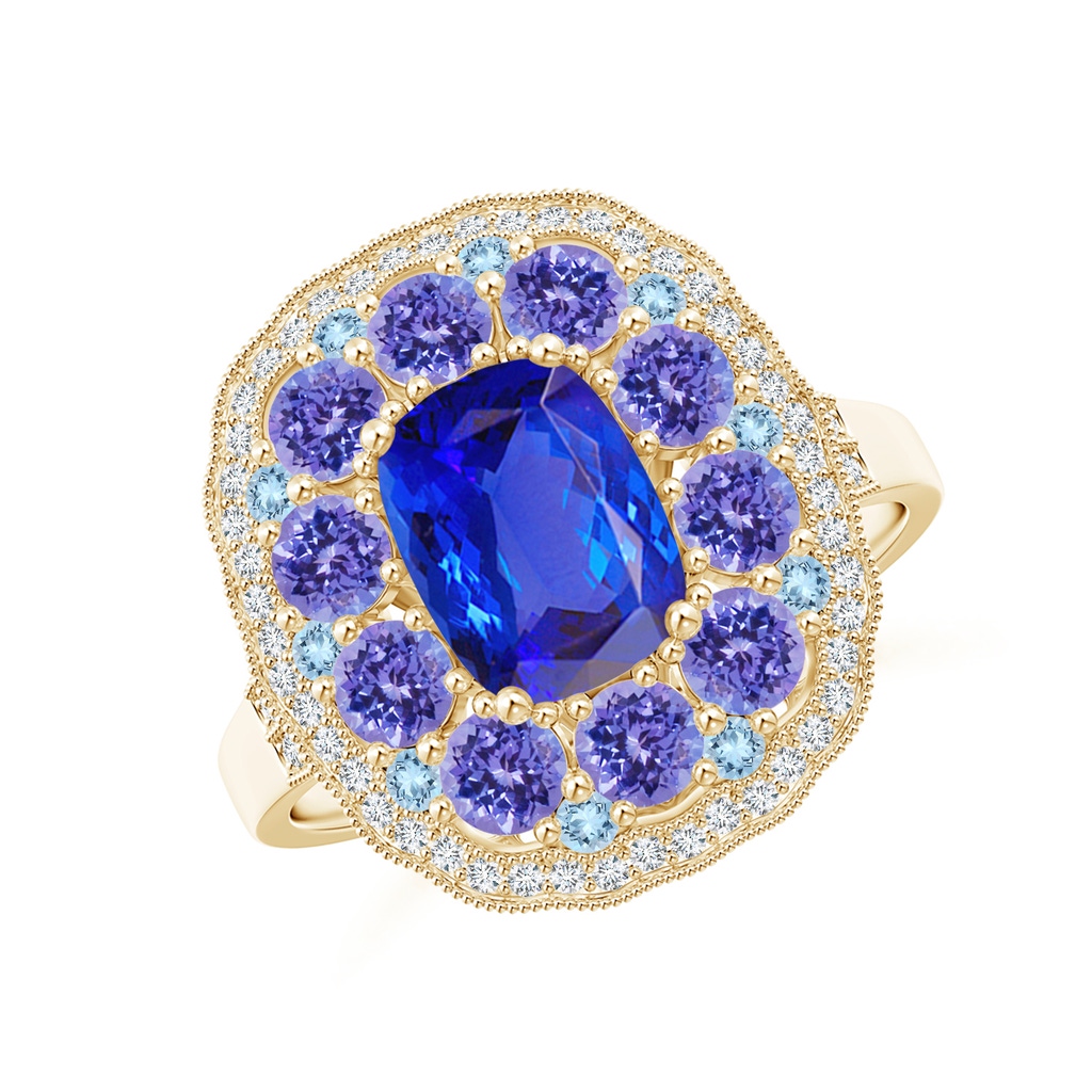 8x6mm AAA Cushion Tanzanite Cocktail Ring with Milgrain Detailing in Yellow Gold