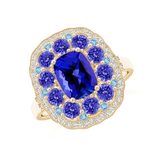 8x6mm AAAA Cushion Tanzanite Cocktail Ring with Milgrain Detailing in Yellow Gold