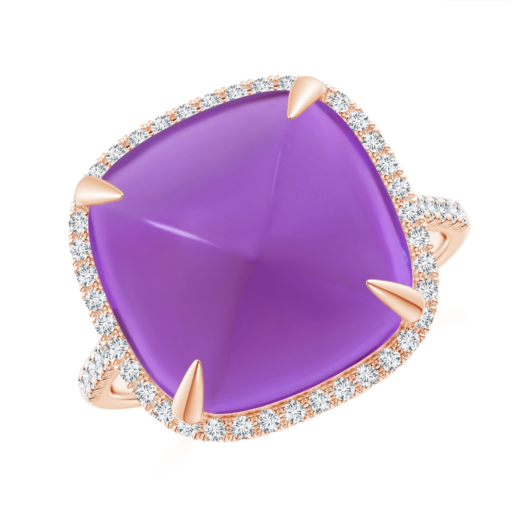13mm AAA Sugarloaf Cabochon Amethyst Ring with Diamond Halo in Rose Gold 