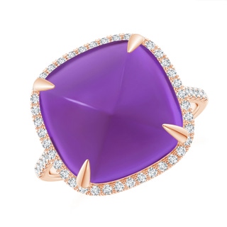 13mm AAAA Sugarloaf Cabochon Amethyst Ring with Diamond Halo in Rose Gold