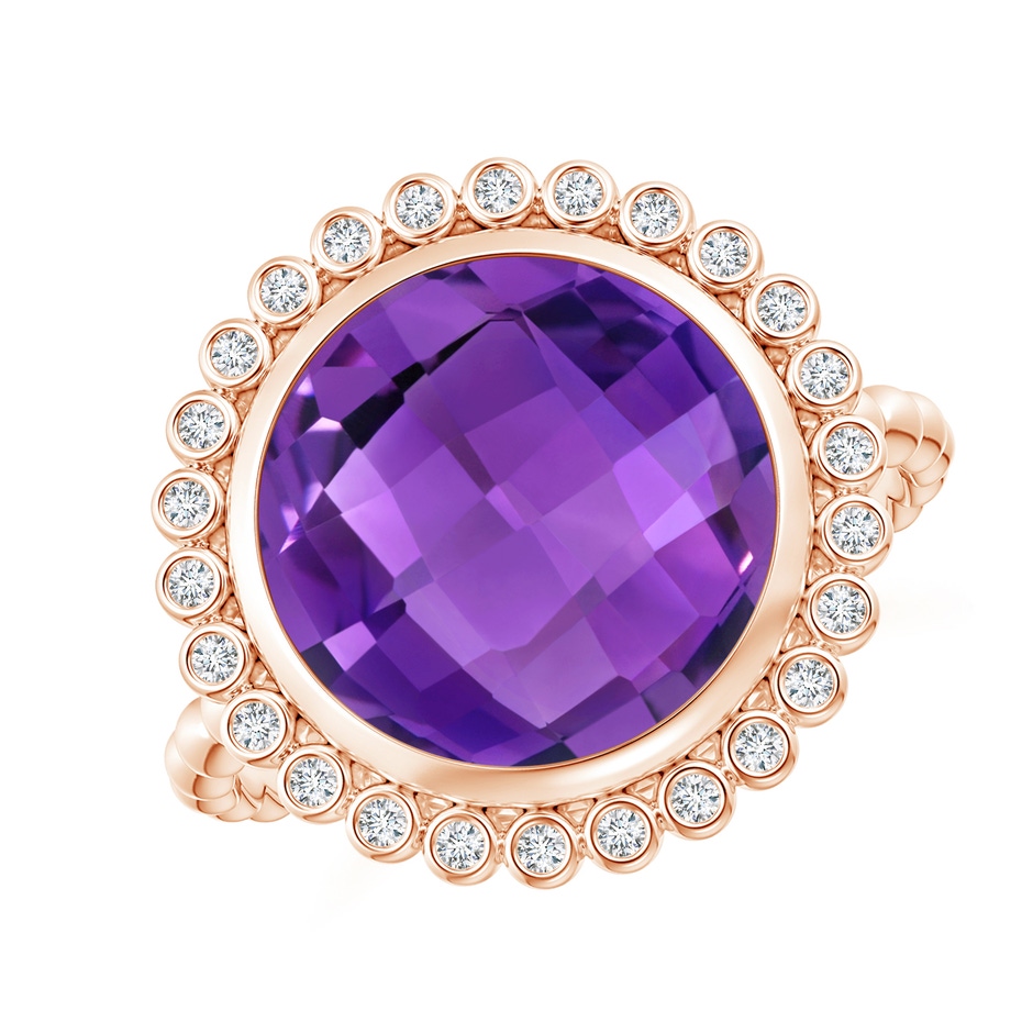 11mm AAA Bezel Set Round Amethyst Ring with Beaded Shank in Rose Gold 