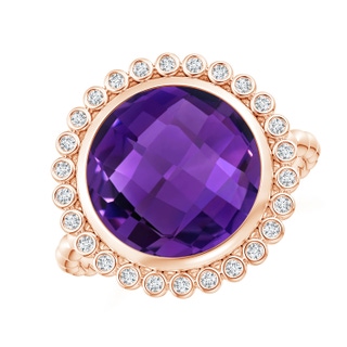 11mm AAAA Bezel Set Round Amethyst Ring with Beaded Shank in Rose Gold