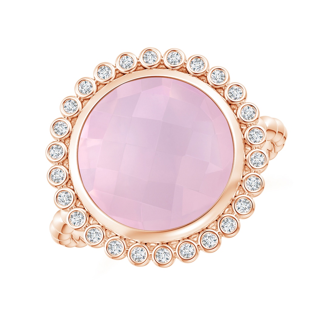 11mm AAA Bezel Set Round Rose Quartz Ring with Beaded Shank in Rose Gold
