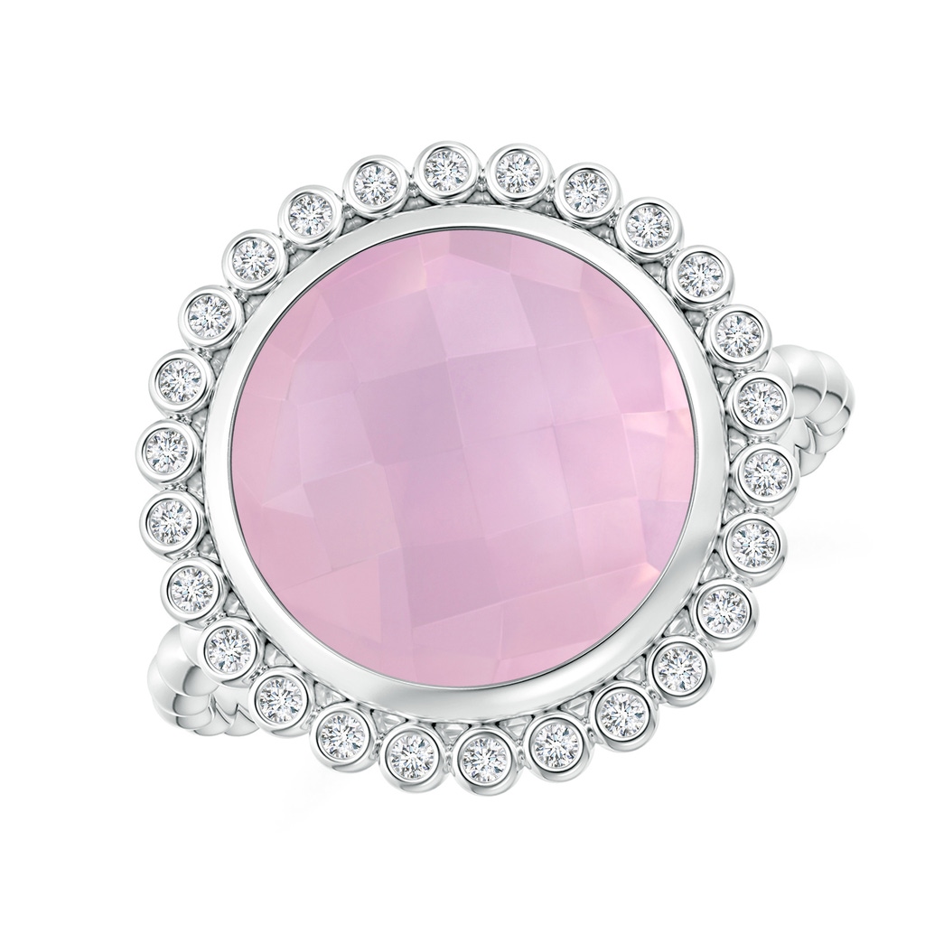 11mm AAAA Bezel Set Round Rose Quartz Ring with Beaded Shank in White Gold