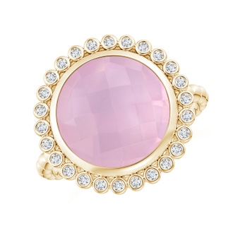 11mm AAAA Bezel Set Round Rose Quartz Ring with Beaded Shank in Yellow Gold