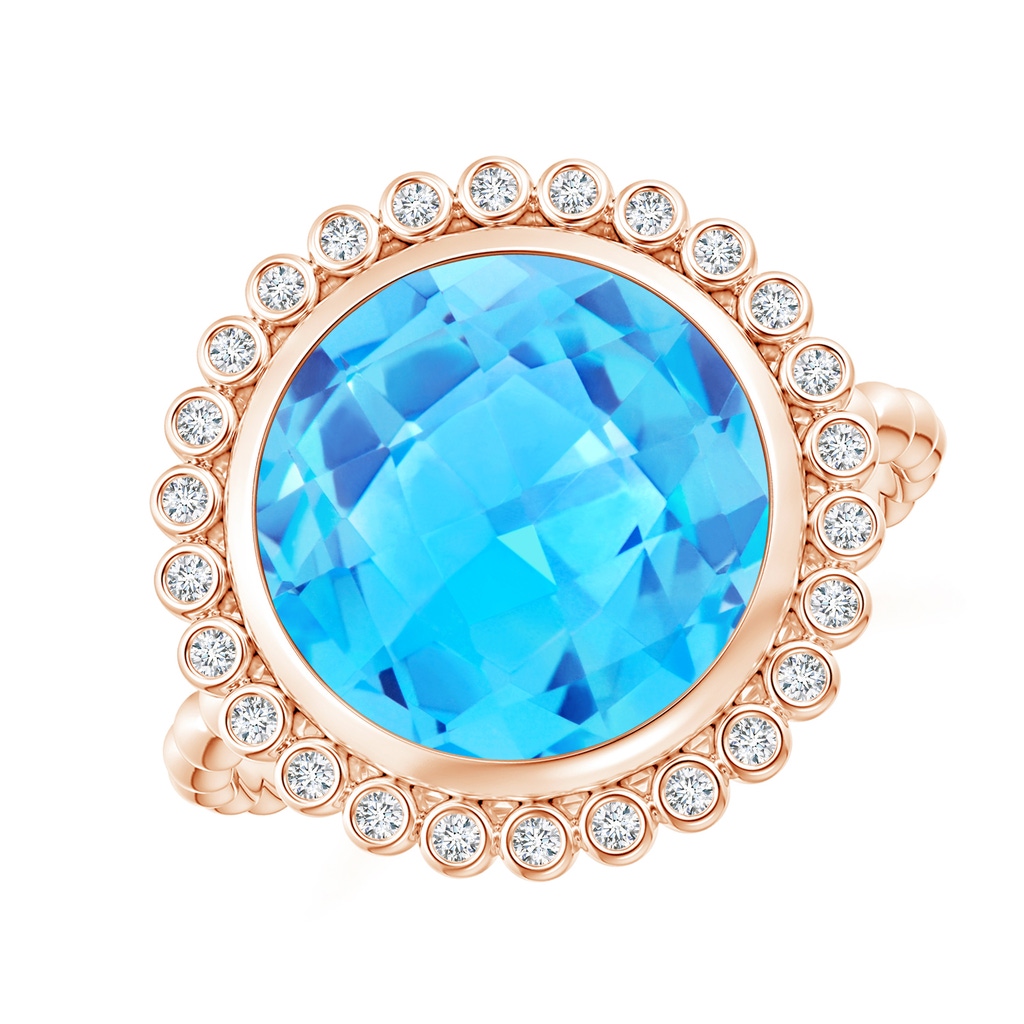 11mm AAA Bezel Set Round Swiss Blue Topaz Ring with Beaded Shank in Rose Gold