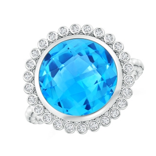 11mm AAAA Bezel Set Round Swiss Blue Topaz Ring with Beaded Shank in White Gold